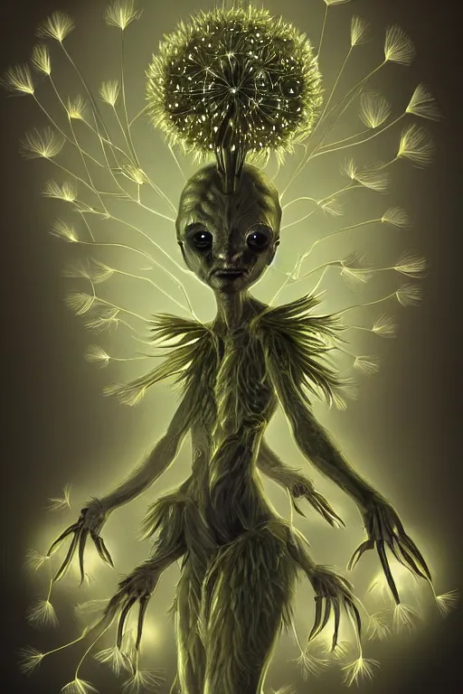 Image similar to a glowing humanoid figure dandelion monster with large eyes, highly detailed, digital art, sharp focus, trending on art station, artichoke, anime art style