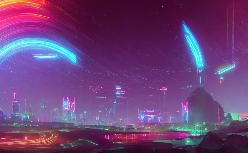 Prompt: A landscape with a giant rainbow bridge, magical, cyberpunk, glowing runes, technology, Low level, rendered by Beeple, Makoto Shinkai, syd meade, simon stålenhag, environment concept, synthwave style, digital art, unreal engine, WLOP, trending on artstation, 4K UHD image, octane render,