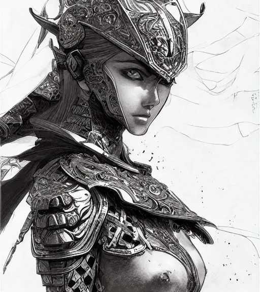 Image similar to anime woman in armor, pen and ink, intricate line drawings, by craig mullins, ruan jia, kentaro miura, greg rutkowski, loundraw