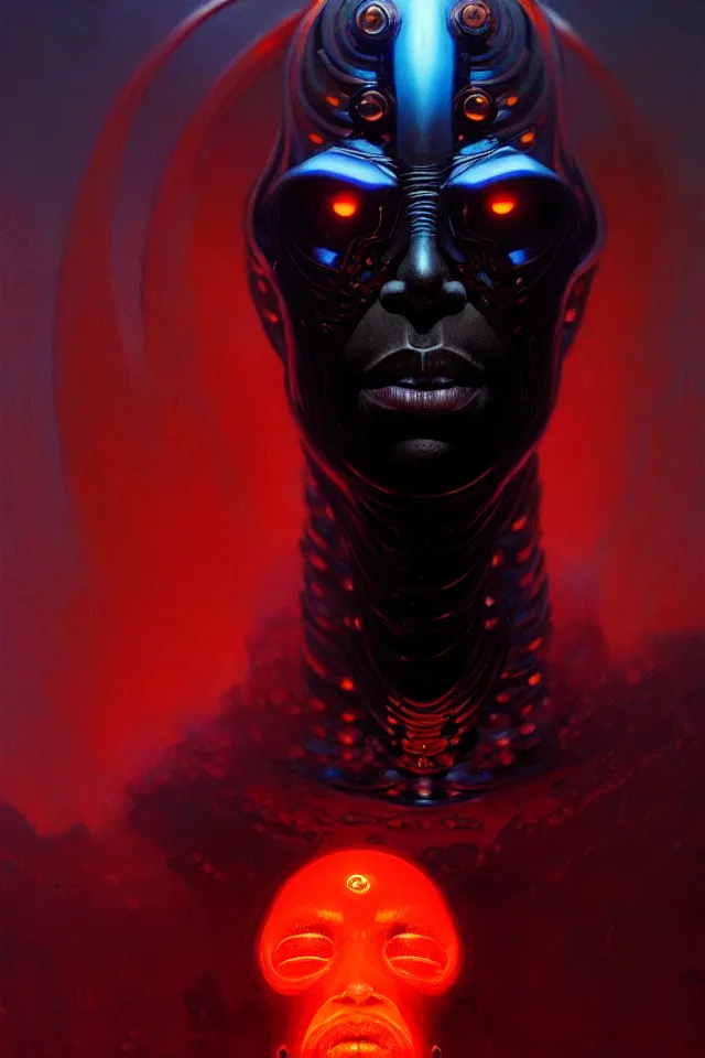 Image similar to a striking portrait of an eldritch black cyborg god king by moebius and hr gigerr and beksinski, trending on artstation, digital art, 4 k resolution, detailed, high quality, sharp focus, hq artwork, insane detail, cinematic, volumetric lighting, character concept art, fine details, clear face