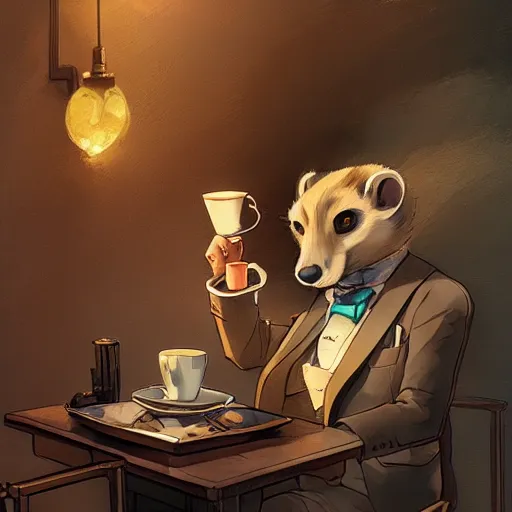 Image similar to a weasel in a suit was drinking tea, surrounded by tea houses ambient lighting, 4 k, russ mill, rossdraws, wenjun lin, jung gi kim, artstation