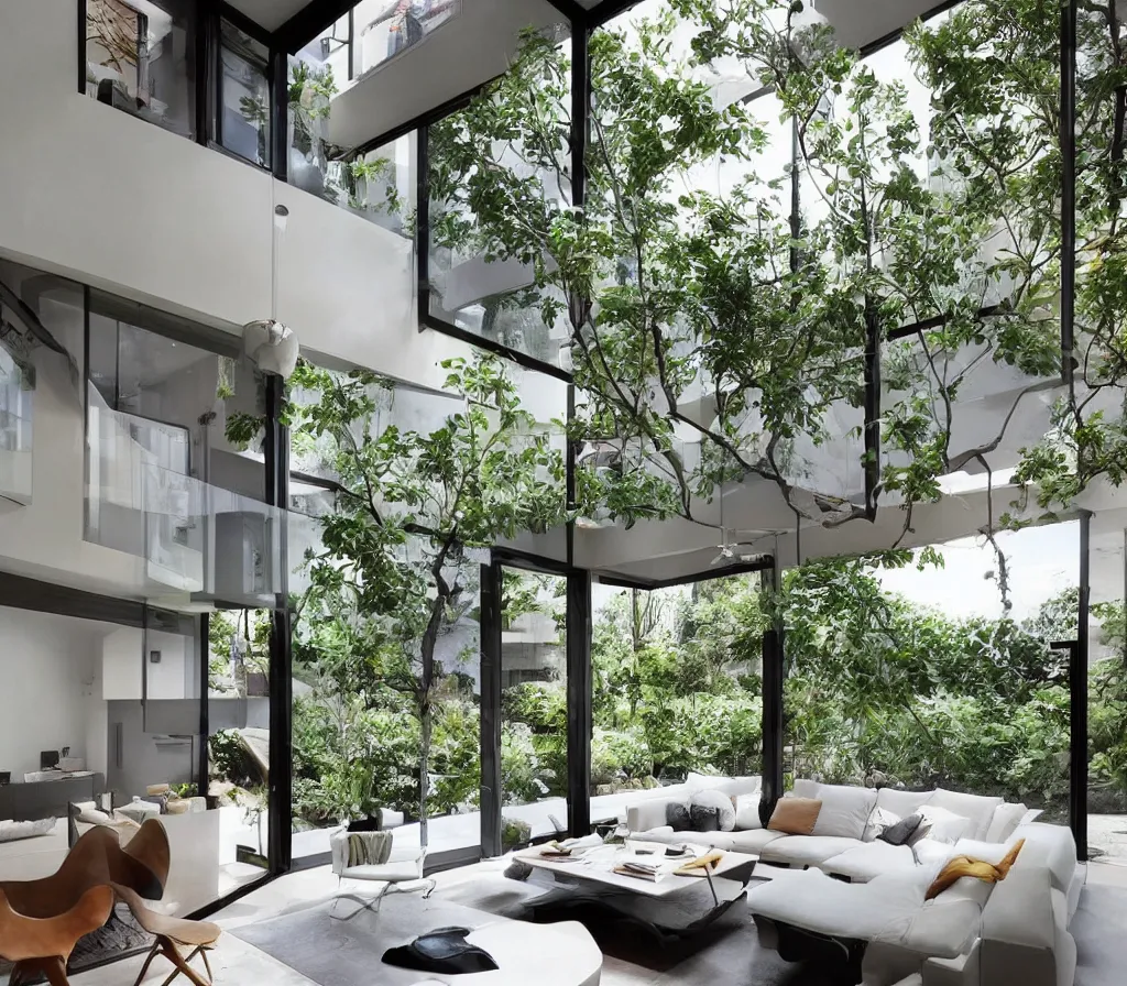 Image similar to a modern interior design, living room, residential design, floor - to - ceiling windows, and garden landscape outside the window ， by gracinha viterbo, trending ，