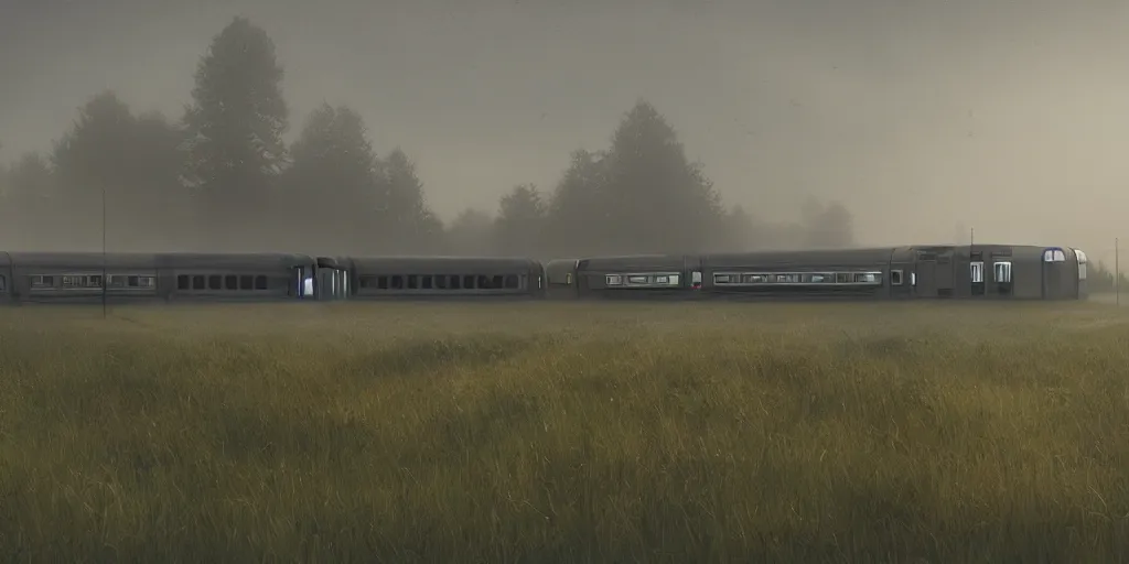 Prompt: landscape with futuristic train station in an empty field. by stalenhag. mist, fog, cyber punk, realistic, 8 k