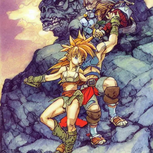 Prompt: crono stands atop a mountain of slain enemies as marle and ayla hug his legs, epic reimagining of chrono trigger by frank frazetta