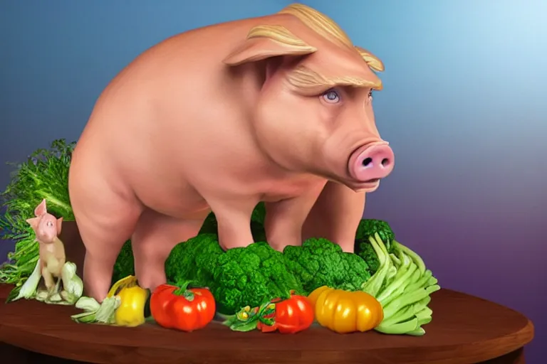 Prompt: a fake pig donald trump on top of vegetables on a table, a bronze sculpture by jeff a. menges, trending on pinterest, hyperrealism, hyper - realistic, hyper realism, playstation 5 screenshot