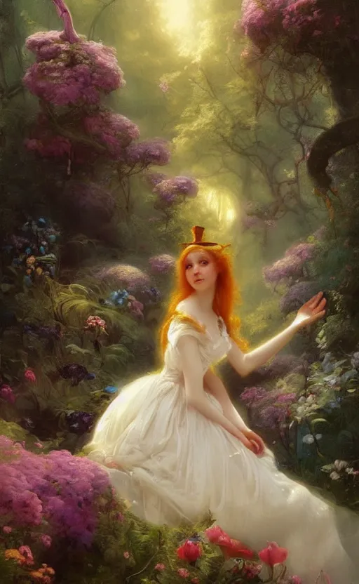 Image similar to Alice in the wonderland by Raphael Lacoste and Pierre Auguste Cot and Delphin Enjolras and Daniel F. Gerhartz