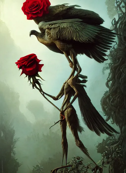 Prompt: the bird has grown its arms and is holding a rose, hyperrealism, no blur, 4 k resolution, ultra detailed, style of tyler edlin, tom bagshaw, arthur rackham, ivan shishkin