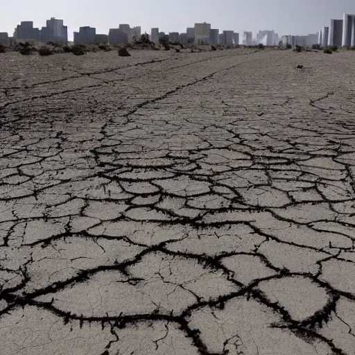 Image similar to apocalyptic beachside city, dried up oceans, desert everywhere, buildings covered in black tar