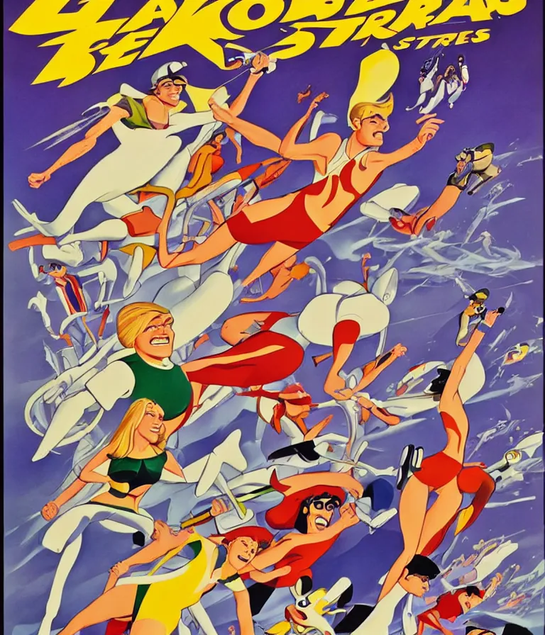 Image similar to Hannah Barbera cartoons of Five Star Stories as Whacky Races, promotional poster super detailed , xpensive production, realistic style, gouache colors, Hollywood retro cartoon poster, golden era of animation work