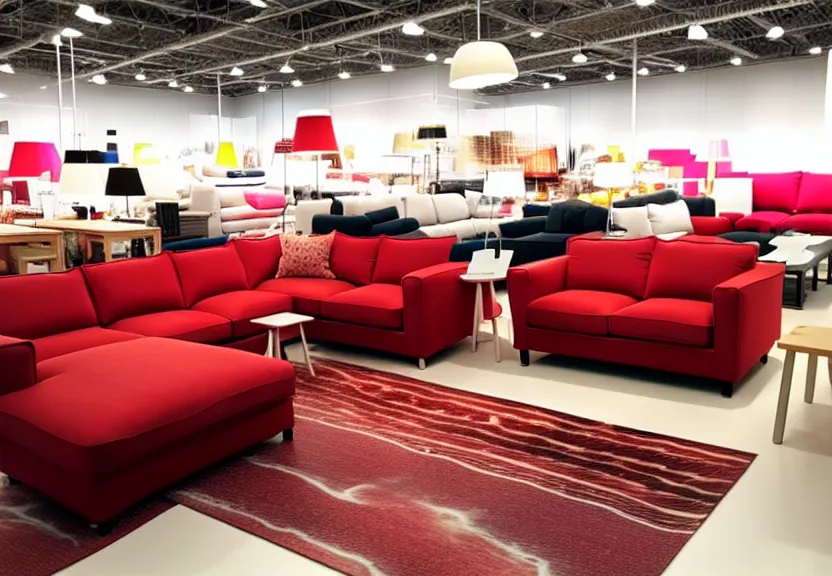 Prompt: a photograph of an ikea showroom, with couches that are designed to look like bacon