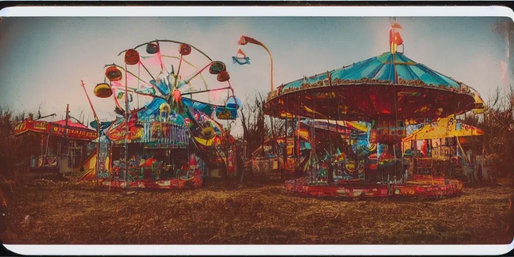 Prompt: polaroid photo of abandoned carnival terrain, vintage colors, lens flare