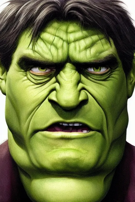 Image similar to ultra realistic incredible hulk face portrait in the style of grant wood