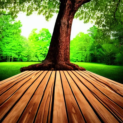 Image similar to wooden platform built around a tree, realistic, photo,