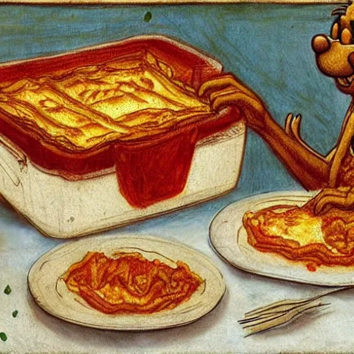 Image similar to garfield eating lasagna by leonardo davinci