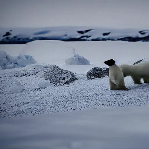 Prompt: hyperrealistic photo of pingu in real life, arctic wildlife photographer's picture, extremely detailed, impressive shading, polar bears in the beakground