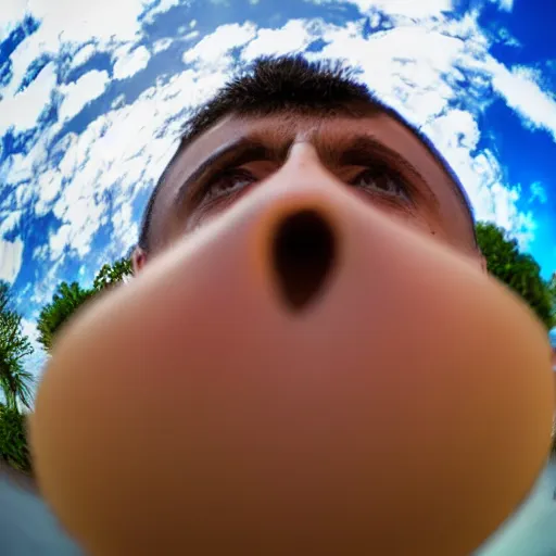 Prompt: fish eye of a man side eyeing the camera, photograph, close up, eye very close to the camera