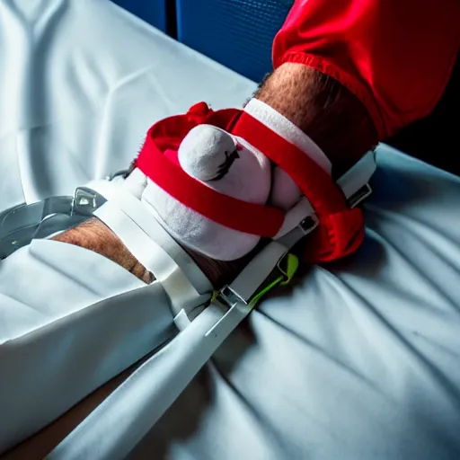 Image similar to confused laughing clown lying in hospital bed with wrist restraints on, restraint fabric straps attached to hospital bed, photograph, 8 k