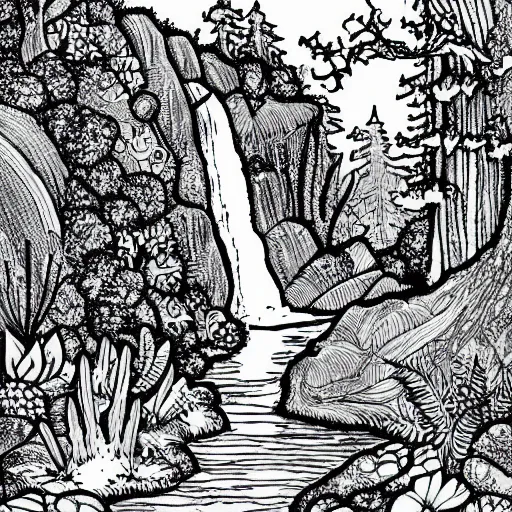 Image similar to an adult coloring page of a waterfall in the enchanted forest