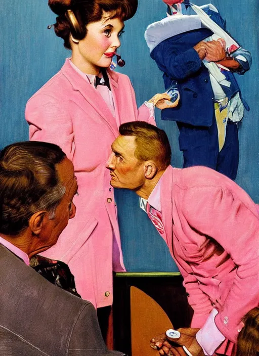 Prompt: dennis hopper berated by an air hostess in a hotel lobby, painted by norman rockwell and tom lovell and frank schoonover, pink and blue