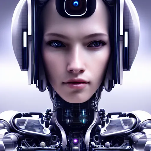 Image similar to centered portrait of an ultra detailed Mechanical Cyberpunk Female Android, looking into the camera!!, intricate, elegant, super highly detailed, professional digital painting, artstation, concept art, smooth, sharp focus, no blur, no dof, extreme illustration, Unreal Engine 5, Photorealism, 8k, cinematic, art by artgerm and greg rutkowski and alphonse mucha and loish and WLOP