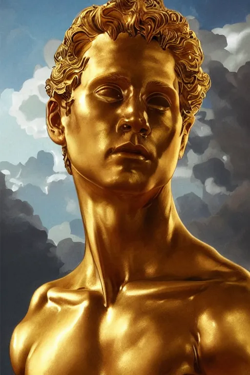 Image similar to ultra realistic illustration, a golden statue of a herculean glenn howerton as the god apollo, intricate, elegant, highly detailed, digital painting, artstation, concept art, smooth, sharp focus, illustration, art by artgerm and greg rutkowski and alphonse mucha