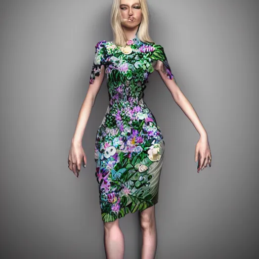 Image similar to beautiful blonde lady in a 3D flower dress , hyperrealistic, ultra detailed, octane render, symmetric, 3d, majestic, dark fantasy, intricate