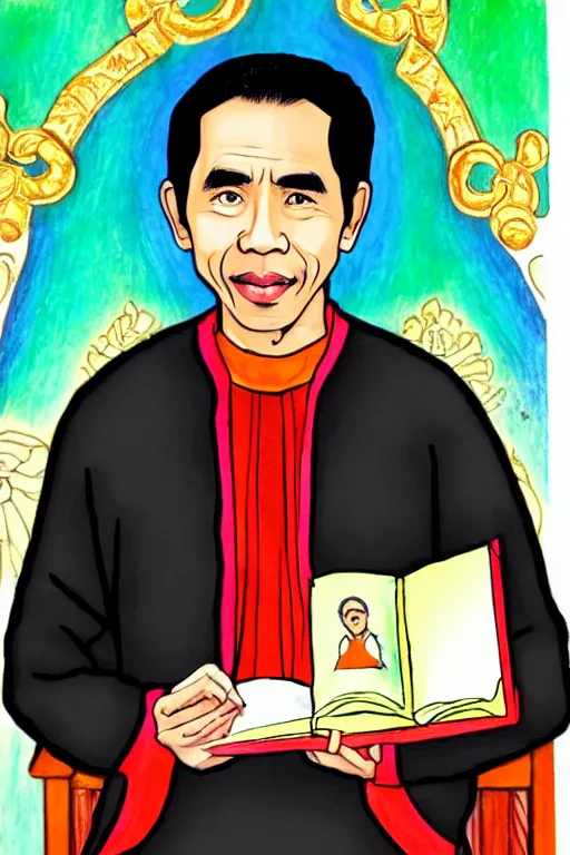 Image similar to saint jokowi with undang undang book in his hand, sketch and art by jacqueline e, color by bo feng lin