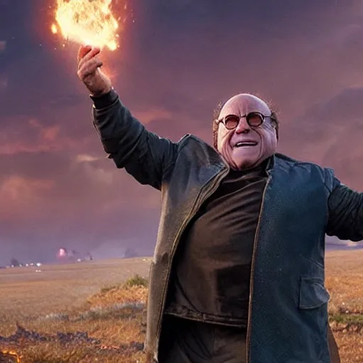 Image similar to a screenshot of Danny Devito playing Thanos in Avengers Endgame