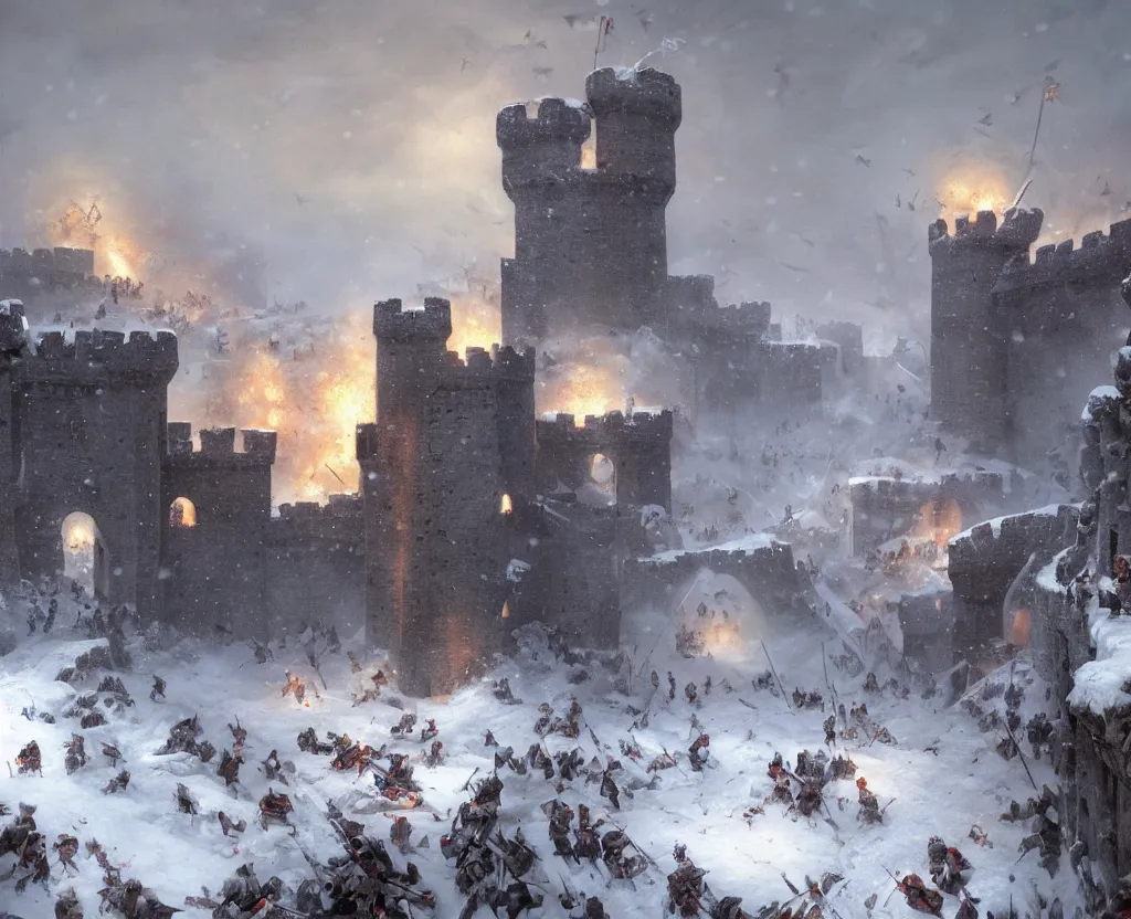 Prompt: Siege of a medieval castle in winter while two great armies face each other fighting below and catapults throw stones at the castle destroying its stone walls, heavy snow storm, fantasy, medieval, fire, explosions and grey smoke here and there, highly detailed, Artstation, oil on canvas painting by greg rutkowski