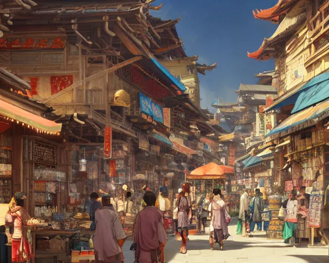 Image similar to street-level view of a bustling marketplace in a great, colorful kitsune city, bamboo, flowers, anime, fox people, a fantasy digital painting by Greg Rutkowski and James Gurney, trending on Artstation, highly detailed