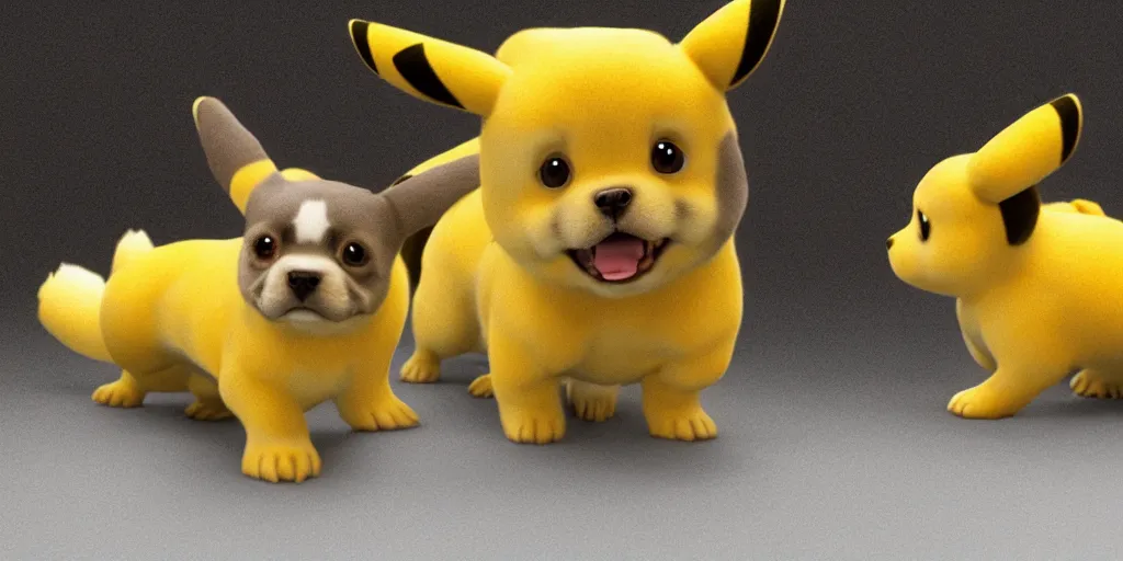 Image similar to a puppy that looks like a pikachu, unreal 5, hyperrealistic, realistic, photorealistic, dynamic lighting, highly detailed, cinematic landscape, studio landscape, studio lighting