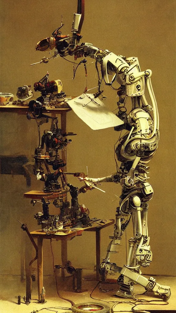 Image similar to robot artist painting a canvas, the painting is of a robot. intricate, highly detailed, photorealistic, film still, by carl spitzweg.