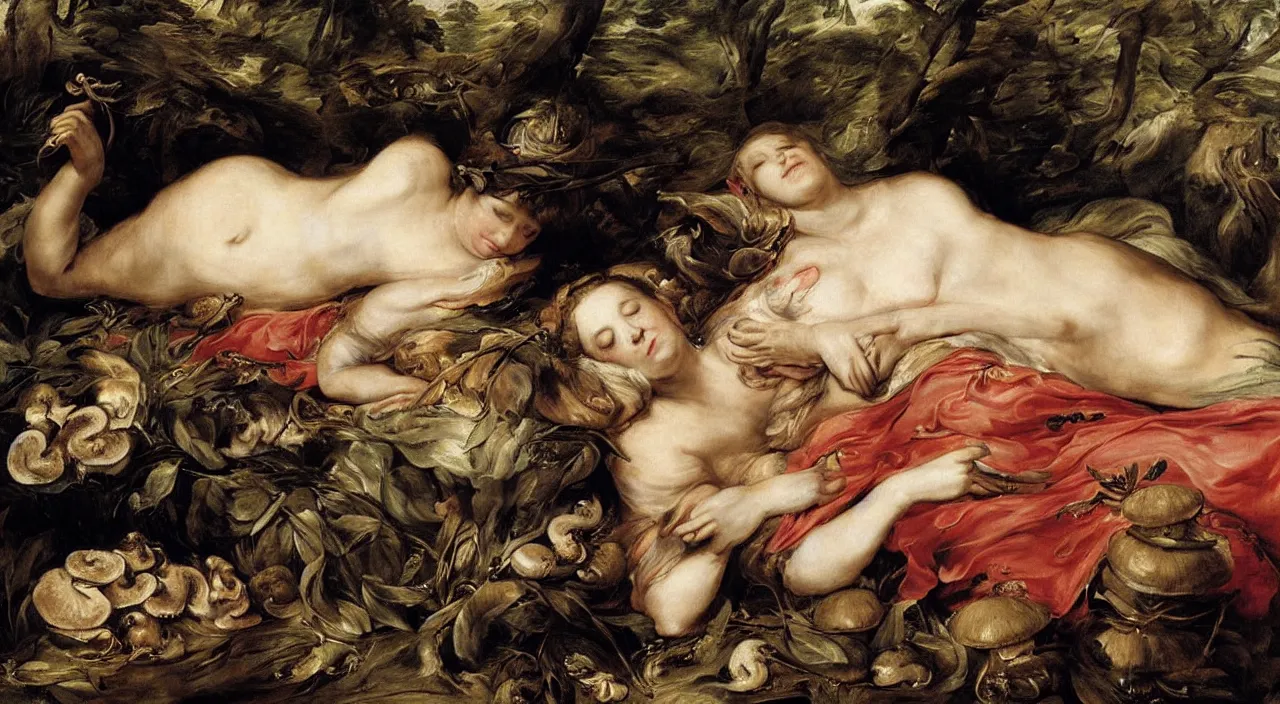 Image similar to pretty sleeping woman with mushrooms as camouflage, by rubens