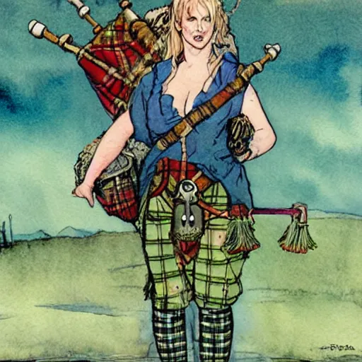 Image similar to a realistic and atmospheric watercolour fantasy concept art of britney spears dressed with scottish clothes and with bagpipe, muted colors. by rebecca guay, michael kaluta, charles vess and jean moebius giraud,