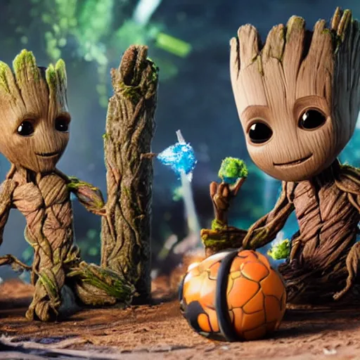 Prompt: baby groot and grogu having fun playing games, highly detailed