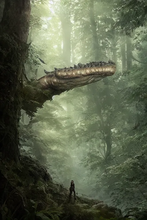 Prompt: A small character standing before a giant snake in a beautiful forest by Greg Rutkowski, Sung Choi, Mitchell Mohrhauser, Maciej Kuciara, Johnson Ting, Maxim Verehin, Peter Konig, final fantasy , 8k photorealistic, cinematic lighting, HD, high details, atmospheric,