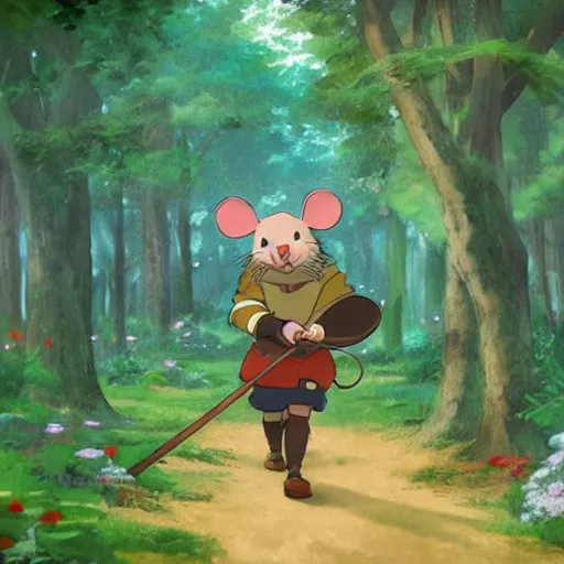 Prompt: an anthropomorphic mouse dressed in medieval clothing, studio Ghibli, walking through a lush forest