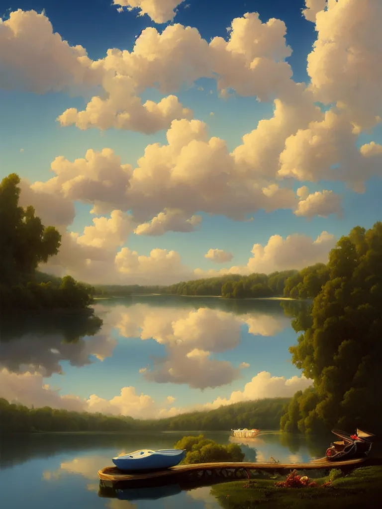 Prompt: a closup Lake with a fantasy boat serene puffy cloudy sky, Digital Matte Illustration by RHADS and asher brown durand