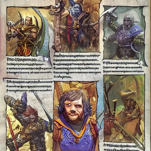 Image similar to page from an unreleased dungeons and dragons player handbook where all the medieval illustrated characters wear VR headsets connected to supercomputers