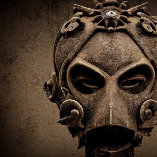 Image similar to extra wide view. an ominous dark ancient mask. barron. worn out photography. sepia. cracks. hyper - detailed. gothic steampunk. low poly medieval baroque. symmetric. epic. hyper - realistic. unreal render.