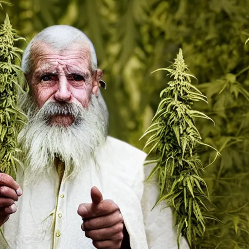 Image similar to an 8k digital photograph of an old man in a kings costume standing with a hemp bud in his hands