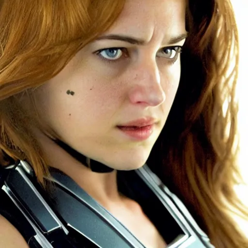 Image similar to A still of Shailene Woodley as Black Widow in Iron Man 2 (2010), close-up