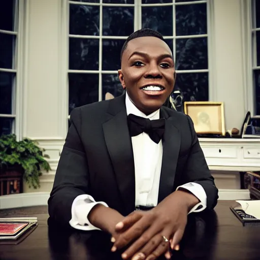 Prompt: professional portrait of dababy in the oval office, wearing a black suit,