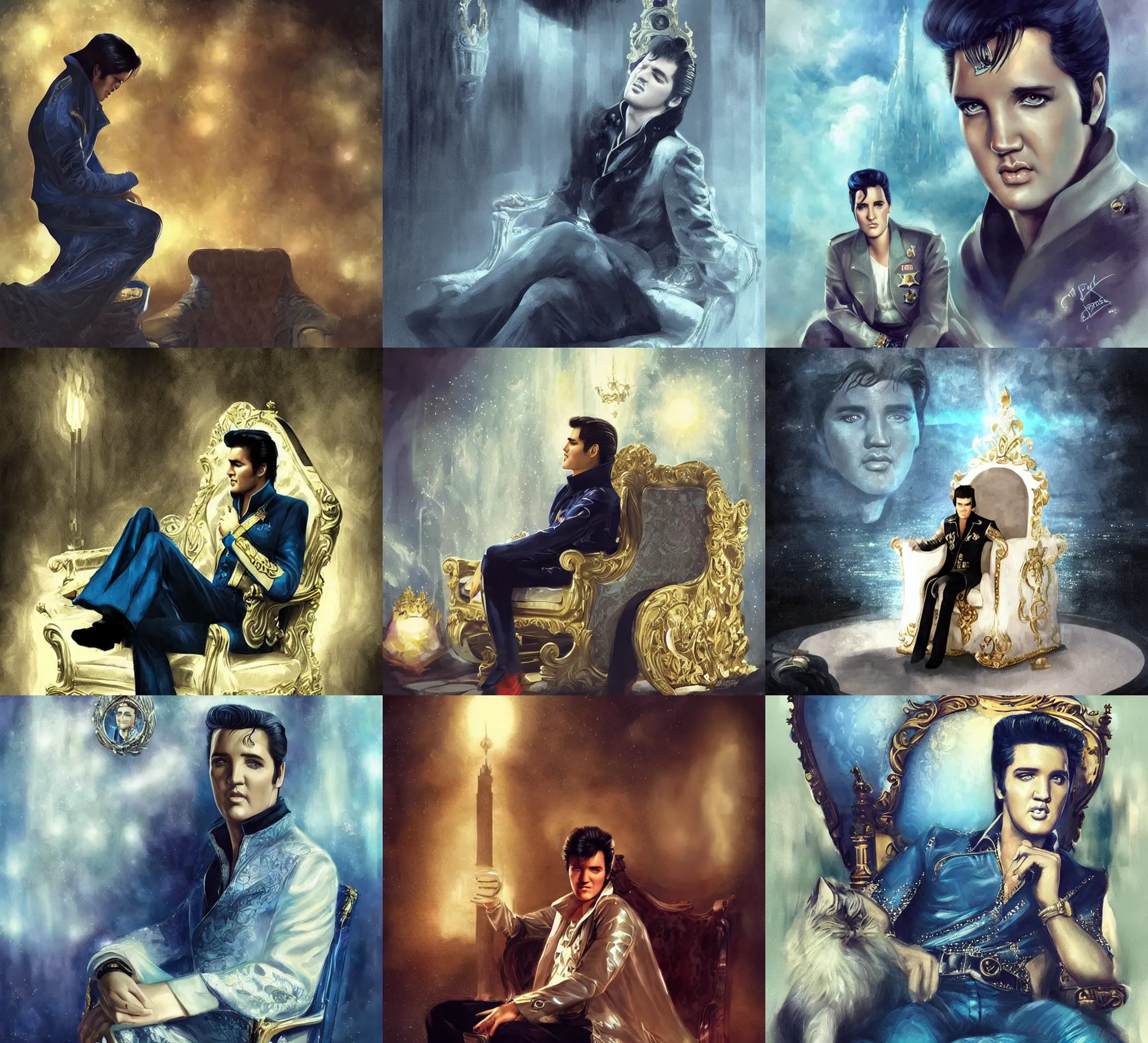 Prompt: elvis presley as the king of the world, sitting on his throne in his castle, atmospheric lighting, blue reflective eyes, nice composition, artwork by charlie bowater