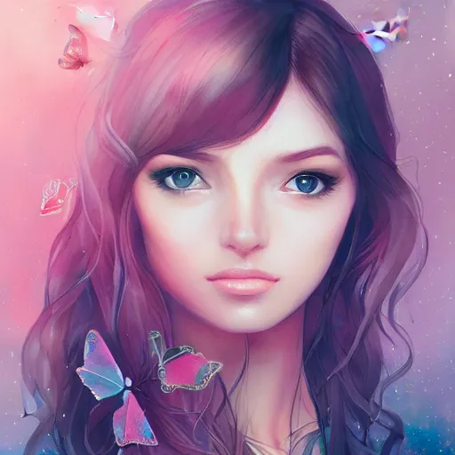 Prompt: portrait of a beautiful girl, artgerm, watercolor style, pink hues, trending on artstation, intricate, detailed, butterflies on the background, bokeh, light leaks