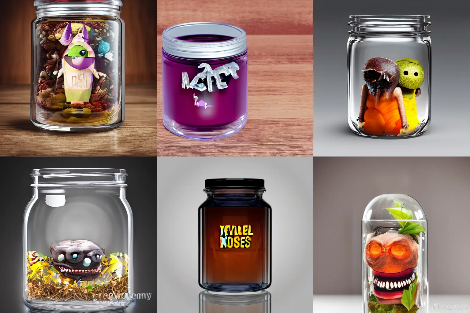 Prompt: An evil monster in a transparent jar, product photography