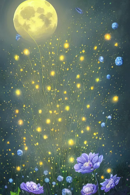 Image similar to beautiful digital matter cinematic painting of whimsical botanical illustration blue flowers moon fireflies tenchanted dark background, whimsical scene by greg rutkowki artstation