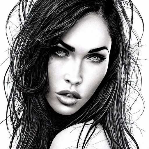 Prompt: “Megan Fox, portrait!!! Portrait based on doodles, scribbled lines, sketch by Liz Y Ahmet, monochrome, concept Art, millions lines, white background, ultra detailed portrait, 4k resolution”