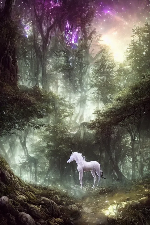 Prompt: there is a silver unicorn in the forest, unicorns around the shimmering light, fireflies flying in the forest, the dreamy crystal atmosphere ， super wide angle ， matte painting ， rtx on ， by and jordan grimmer and john pitre ， trending on cgsociety and artstation, volumetric light ， surreal