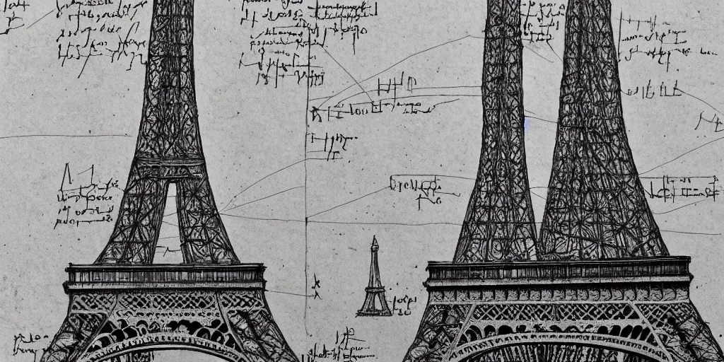 Image similar to architectural design studies of Eiffel Tower, different closeup view, drawn by Leonardo da vinci, ink and pen draw, artistic, intricated